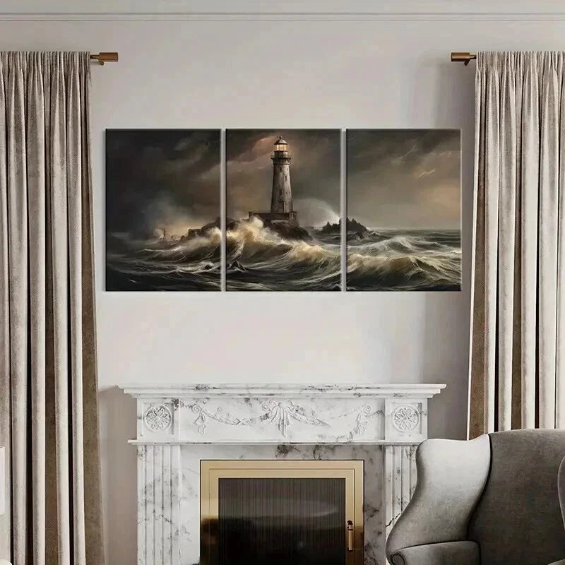 3pcs Stormy Sea Waves Lighthouse Beacon Wall Art Set Canvas Framed 60x90cm - High Quality Print 100% Australian Made Wall Canvas Ready to Hang - Bella Home Decor