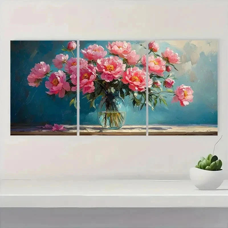 3pcs Pink Peonies Textured Bouquet Vase Perfect Wall Art Set Canvas Framed 50x70cm - High Quality Print 100% Australian Made Wall Canvas Ready to Hang - Bella Home Decor
