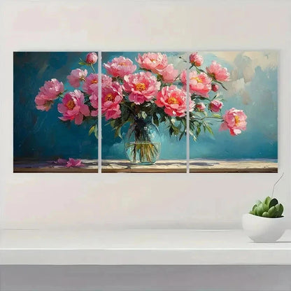 3pcs Pink Peonies Textured Bouquet Vase Perfect Wall Art Set Canvas Framed 50x70cm - High Quality Print 100% Australian Made Wall Canvas Ready to Hang - Bella Home Decor