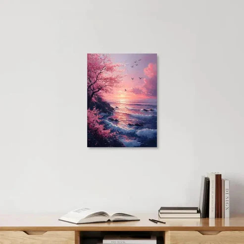 Beautiful Cherry Blossom Sunset Seascape Painting 60x90cm Metal Print Ready to Hang