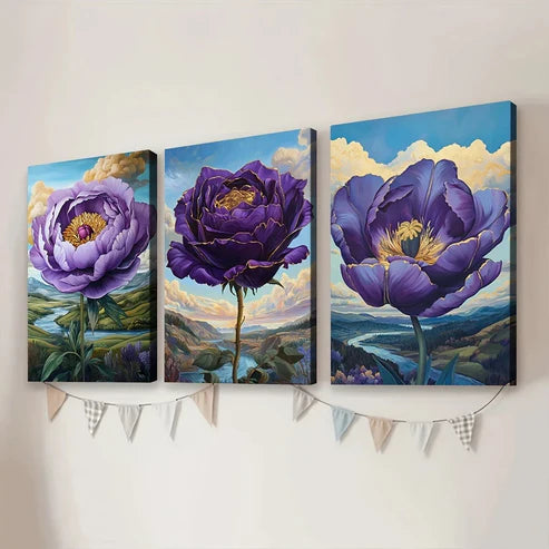 3pcs Abstract Charming Purple Flowers Blue Sky Art Set Canvas Unframed - High Quality Print 100% Australian Made Wall Canvas - Bella Home Decor