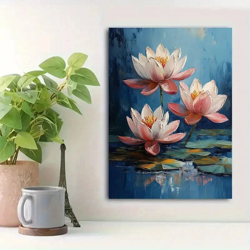 Beautiful Vivid Pink Water Lilies On Blue Painting 40x60cm Metal Print Ready to Hang