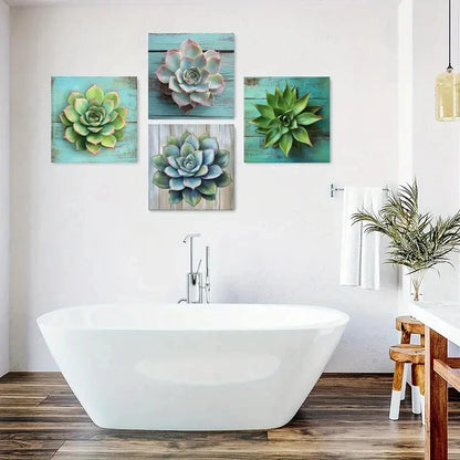 4pcs Vibrant Green & Pink Foliage Design Wall Art Canvas Framed