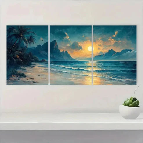 3pcs Tropical Beach Scene with Palm Trees T  Wall Art Set Canvas Unframed - High Quality Print 100% Australian Made Wall Canvas - Bella Home Decor