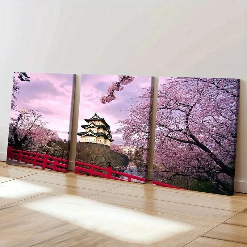 3pcs Hirosaki Castle Cherry Blossoms Wall Art Set Canvas Framed 60x90cm - High Quality Print 100% Australian Made Wall Canvas Ready to Hang