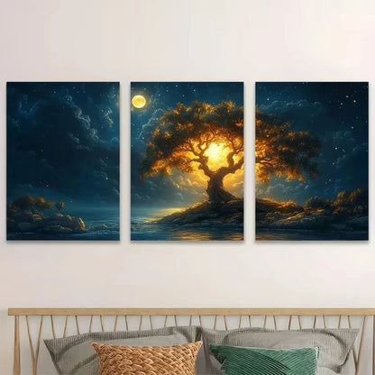 3pcs Moonlit Nature Mystical Tree Wall Art Set Canvas Framed 50x70cm - High Quality Print 100% Australian Made Wall Canvas Ready to Hang
