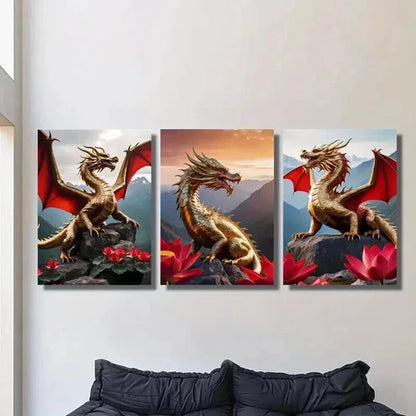 3pcs Golden Dragons with Red Wings Wall Art Canvas Unframed - High Quality Print 100% Australian Made Wall Canvas - Bella Home Decor