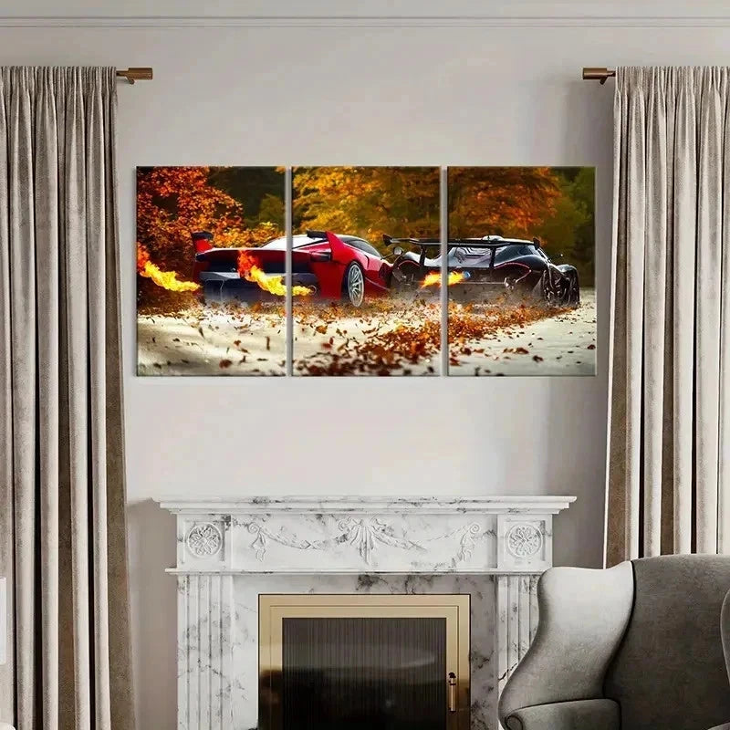 3pcs Car Racing Scene with Autumn Leaves Wall Art Set Canvas Framed 50x70cm - High Quality Print 100% Australian Made Wall Canvas Ready to Hang - Bella Home Decor