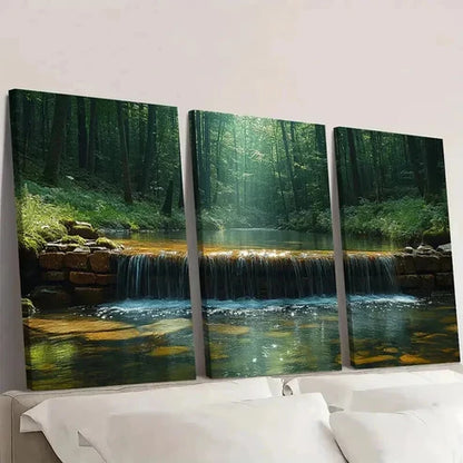 3pcs Water Stream In Green Natural Forest Wall Art Set Canvas Unframed - High Quality Print 100% Australian Made Wall Canvas
