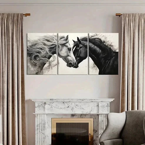 3pcs Black & White Horses Love Abstract Horses Wall Art Canvas Unframed - High Quality Print 100% Australian Made Wall Canvas - Bella Home Decor