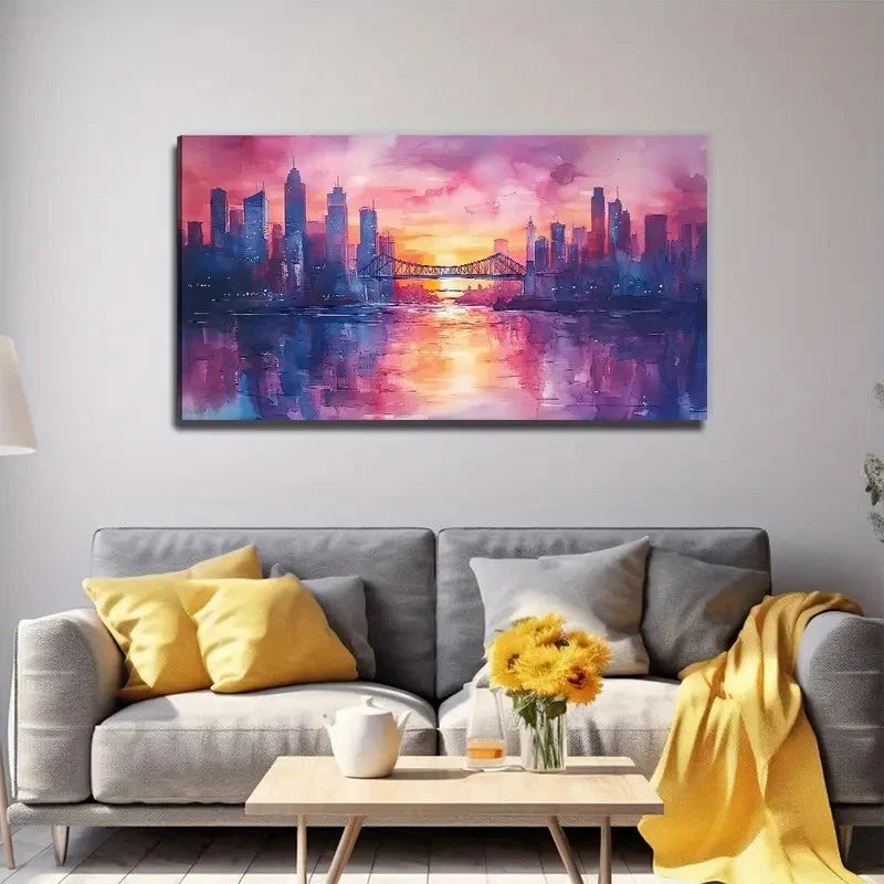 City Silhouette At Sunset Wall Art Canvas Office Home Room Framed 120x60cm