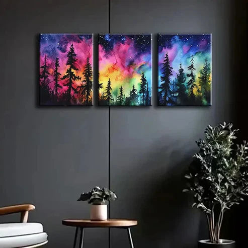 3pcs Colorful Night Sky Forest Painting Perfect Wall Art Set Canvas Unframed - High Quality Print 100% Australian Made Wall Canvas - Bella Home Decor