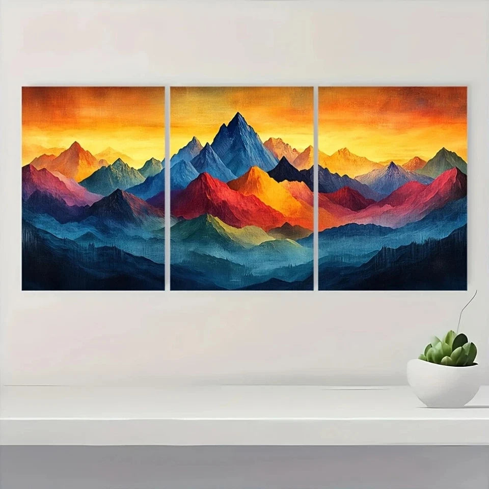 3pcs Mountain Painting Abstract Colourful Metal Print Ready to Hang Art - Bella Home Decor