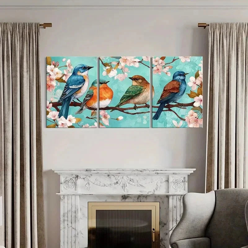 3pcs Artistic Birds Blossom Branches Spring Time Metal Print Ready to Hang Art - Bella Home Decor