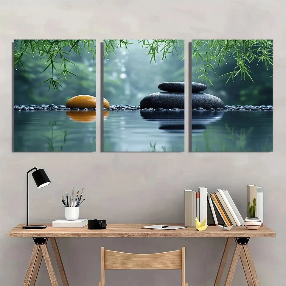 3pcs Zen Bamboo and Stone Calming Nature Metal Print Ready to Hang Art