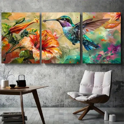 3pcs Colorful Hummingbirds with Hibiscus Flowers Metal Print Ready to Hang Art - Bella Home Decor