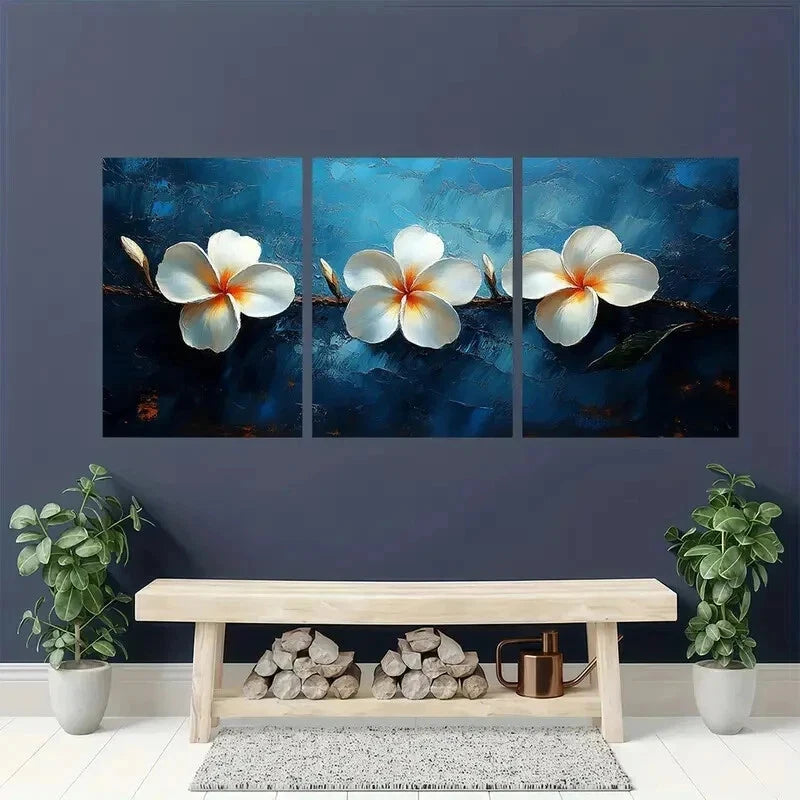 3pcs White Plumeria Flower Elegant Perfect Wall Art Set Canvas Framed 60x90cm - High Quality Print 100% Australian Made Wall Canvas Ready to Hang - Bella Home Decor