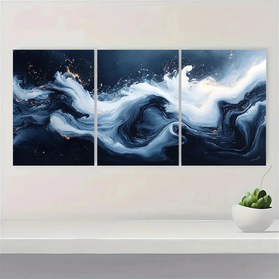 3pcs Swirling Liquid Shapes Blue & White Wall Art Set Canvas Framed 40x60cm - High Quality Print 100% Australian Made Wall Canvas Ready to Hang - Bella Home Decor