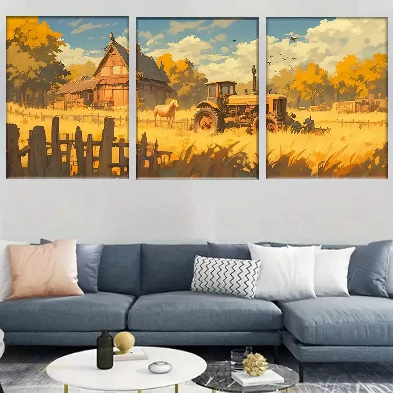 3pcs Autumn Farm Scenery with Tractor & Horse Wall Art Set Canvas Framed 50x70cm - High Quality Print 100% Australian Made Wall Canvas Ready to Hang