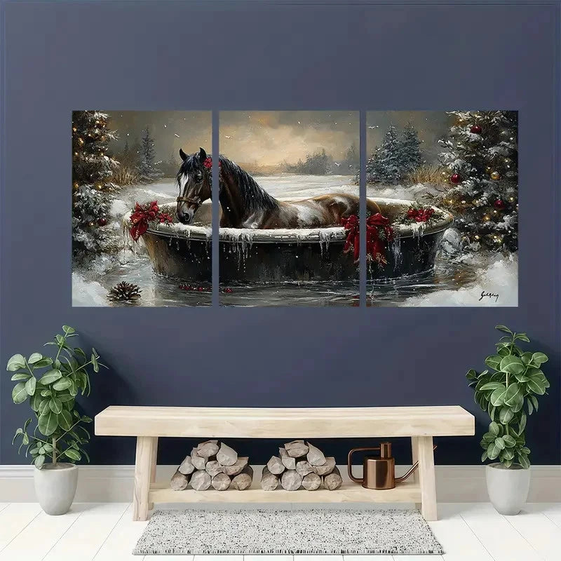 3pcs Dark Horse in Bathtub Scene Metal Print Ready to Hang Art - Bella Home Decor