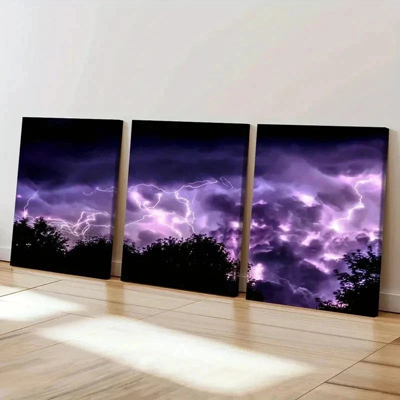 3pcs Purple Lightning Thunder Weather Wall Art Set Canvas Framed 50x70cm - High Quality Print 100% Australian Made Wall Canvas Ready to Hang