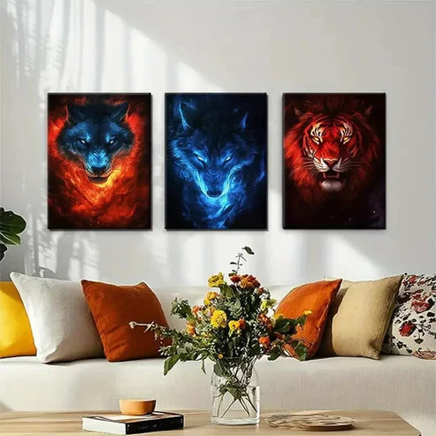 3pcs Fire and Ice Wolf & Tiger Wall Art Canvas Unframed - High Quality Print 100% Australian Made Wall Canvas