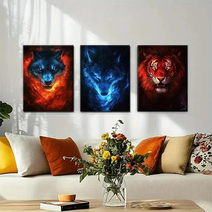 3pcs Fire and Ice Wolf & Tiger Wall Art Canvas Unframed - High Quality Print 100% Australian Made Wall Canvas