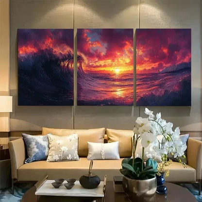3pcs The Wave Synthwave Style Ocean Wall Art Set Canvas Framed 40x60cm - High Quality Print 100% Australian Made Wall Canvas Ready to Hang - Bella Home Decor