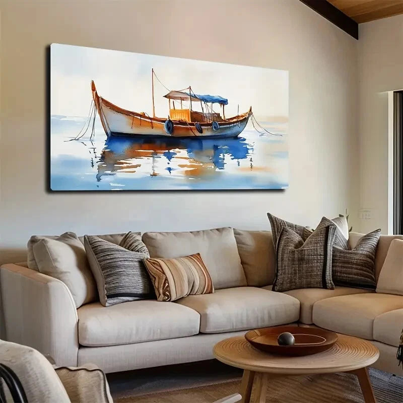 Traditional Wooden Boat Wall Art Canvas Office Home Room Framed 120x60cm - Bella Home Decor