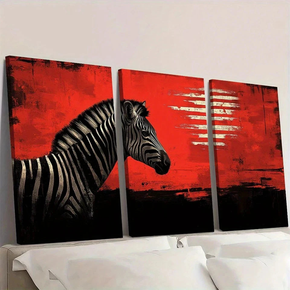 Triptych wall art of a zebra against a red background