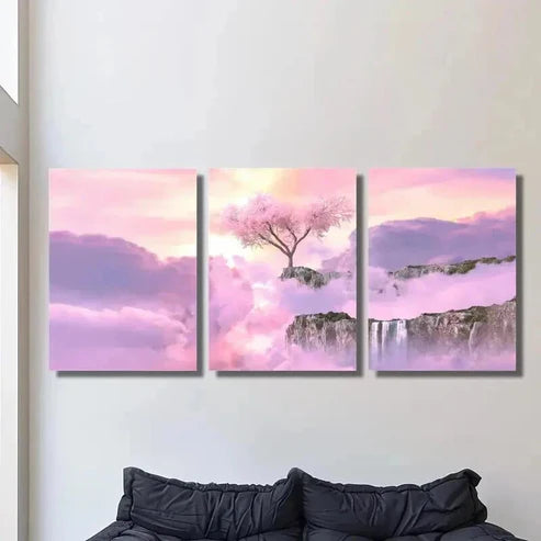 3pcs Waterfalls and Pink Cherry Blossoms Wall Art Set Canvas Unframed - High Quality Print 100% Australian Made Wall Canvas