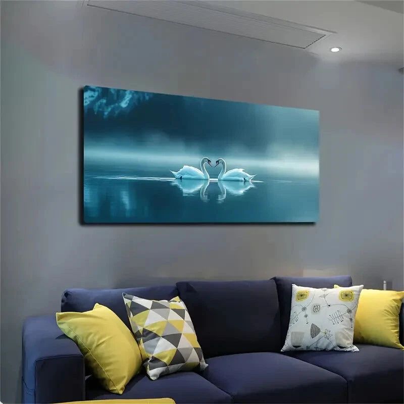 The Two White Swans Wall Art canvas office home room framed 120x60cm - Bella Home Decor