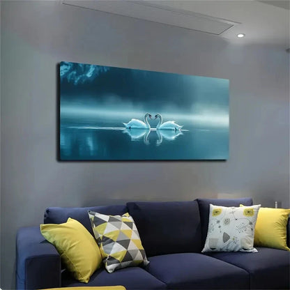 The Two White Swans Wall Art canvas office home room framed 120x60cm - Bella Home Decor
