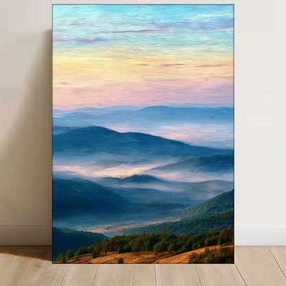 Sunset Sky,Mountain Landscape, Foggy Rolling Hills Metal Print Ready to Hang