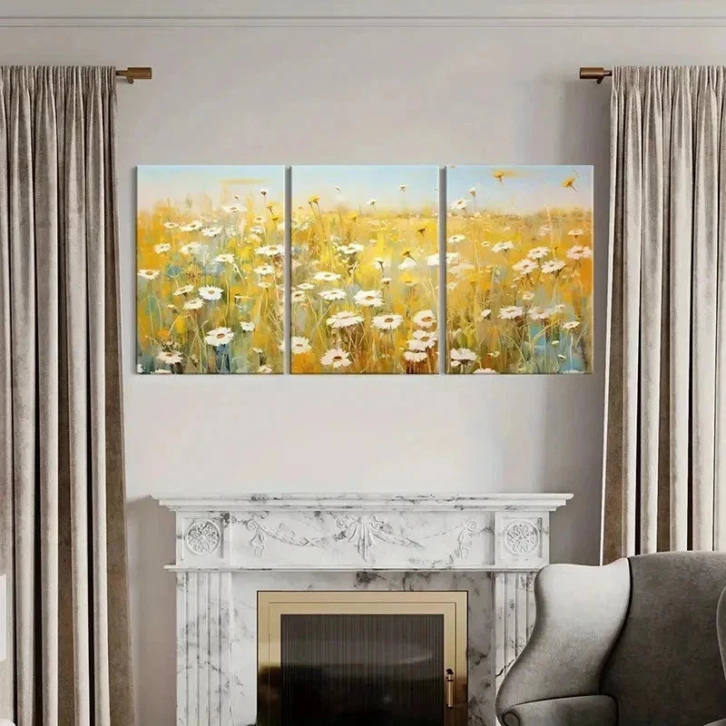 3pcs Daisy Flower Fields Landscape Wall Art Set Canvas Framed 60x90cm - High Quality Print 100% Australian Made Wall Canvas Ready to Hang - Bella Home Decor