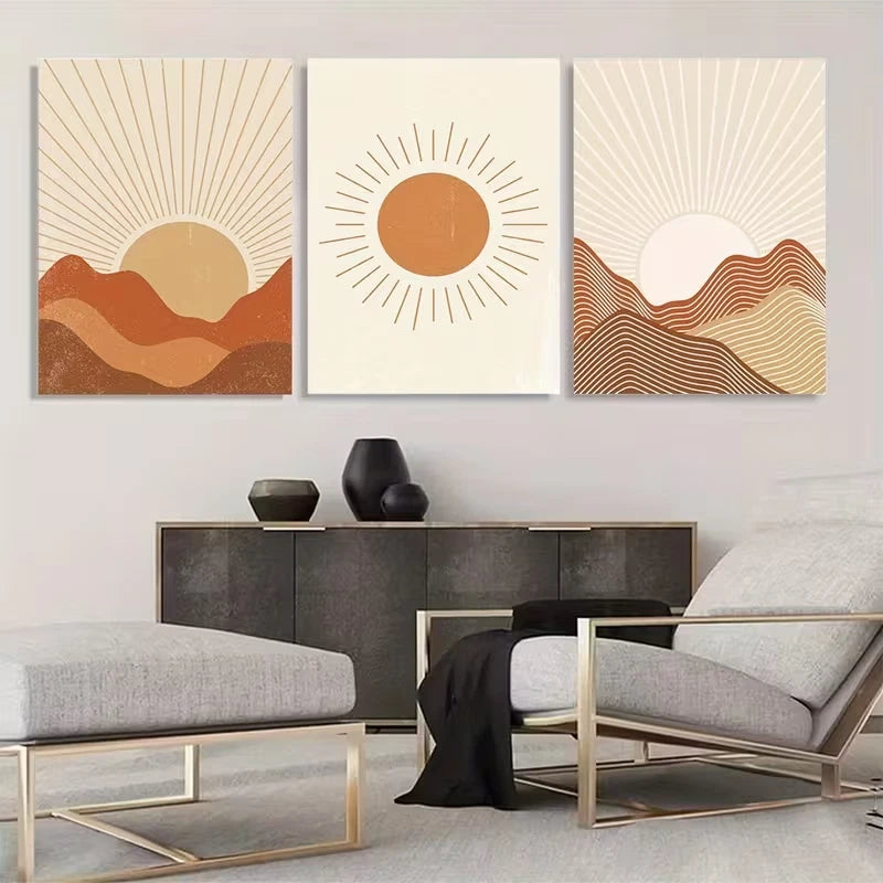 3pcs Bohemian Abstract Sun  Wall Art Set Canvas Framed 60x90cm - High Quality Print 100% Australian Made Wall Canvas Ready to Hang - Bella Home Decor