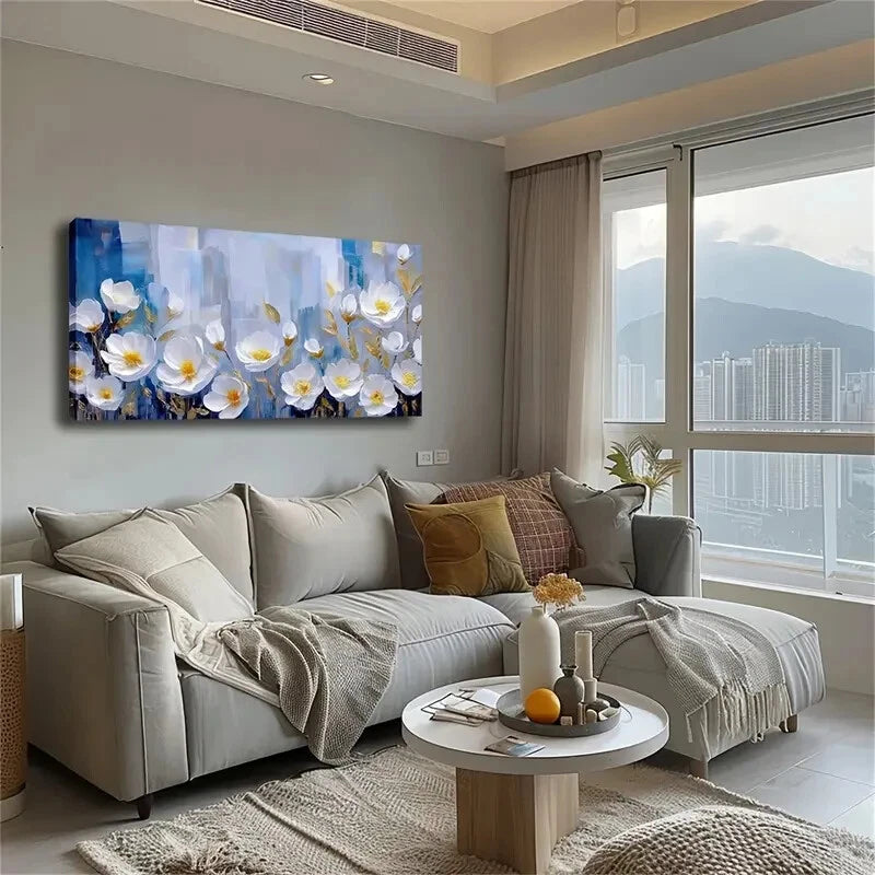 White Flowers Yellow Center Wall Art Canvas Office Home Room Framed 120x60cm - Bella Home Decor