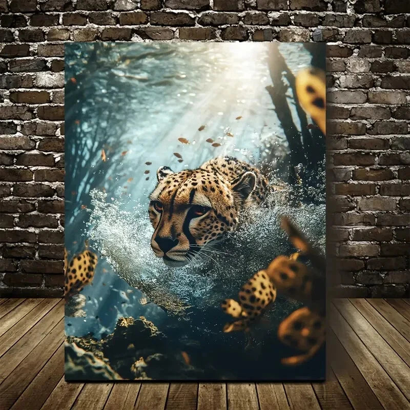 Stunning Cheetah Underwater Scene Painting 40x60cm Metal Print Ready to Hang - Bella Home Decor