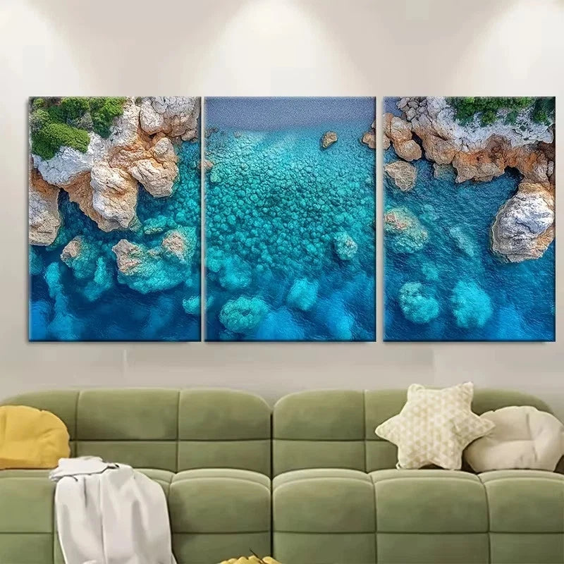 3pcs Aerial Blue Seascape Water Rock Clusters Wall Art Set Canvas Framed 50x70cm - High Quality Print 100% Australian Made Wall Canvas Ready to Hang - Bella Home Decor