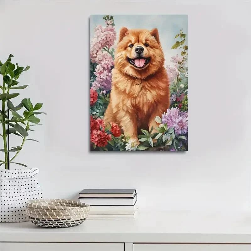 Adorable Chow Chow Dog with Colorful Flowers  40x60cm Metal Print Ready to Hang - Bella Home Decor