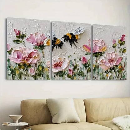 3pcs Bumblebee Art Pink Rose Flower Wall Art Canvas Unframed - High Quality Print 100% Australian Made Wall Canvas - Bella Home Decor