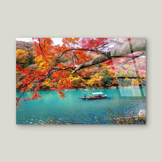 Kyoto Autumn River Boat Japan Acrylic Glass Printing Wall Art Australian Made Quality