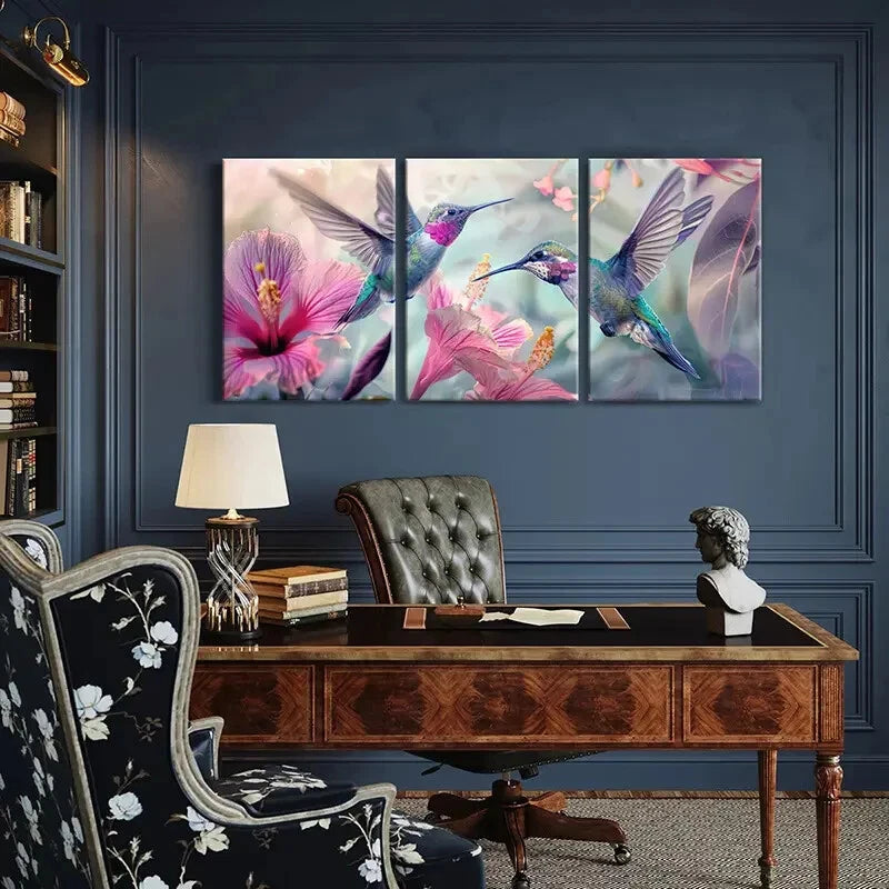 3pcs Vibrant Hummingbirds Exotic Flowers Metal Print Ready to Hang Art - Bella Home Decor