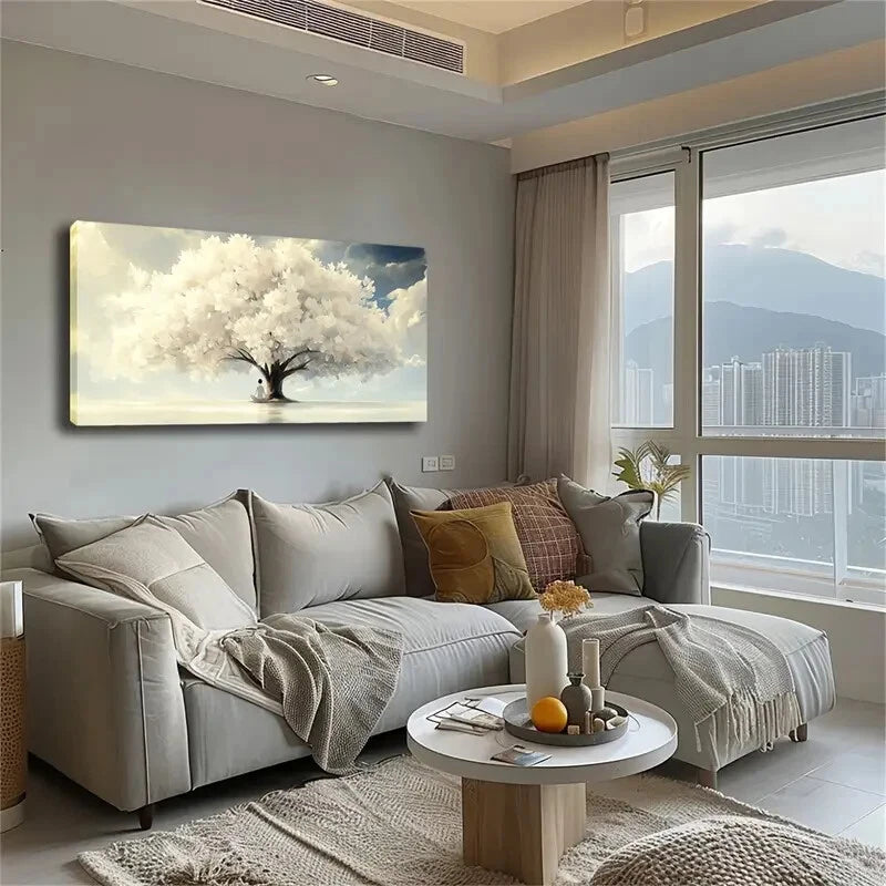 Serene Tree Blue Sky White Wall Art Canvas Office Home Room Framed 120x60cm - Bella Home Decor