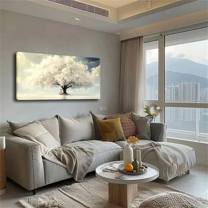 Serene Tree Blue Sky White Wall Art Canvas Office Home Room Framed 120x60cm - Bella Home Decor