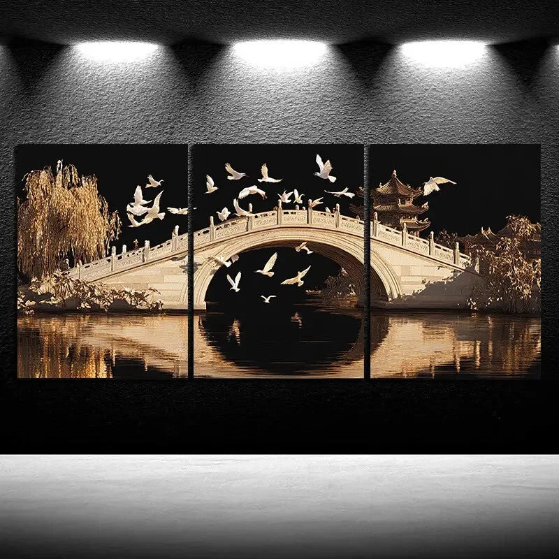 3pcs Beautiful Arch Bridge Flying Birds Metal Print Ready to Hang Art - Bella Home Decor