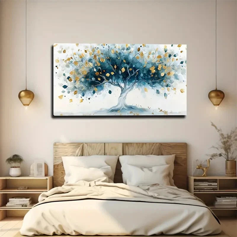 Abstract Blue And Golden Tree Wall Art Canvas Office Home Room Framed 120x60cm