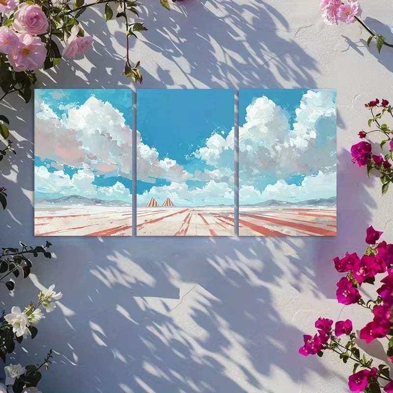 3pcs Red and White Striped Pyramids Rising Metal Print Ready to Hang Art