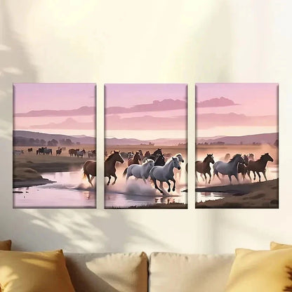 3pcs Vibrant Horse Herd Running Across River Wall Art Set Canvas Framed 60x90cm - High Quality Print 100% Australian Made Wall Canvas Ready to Hang