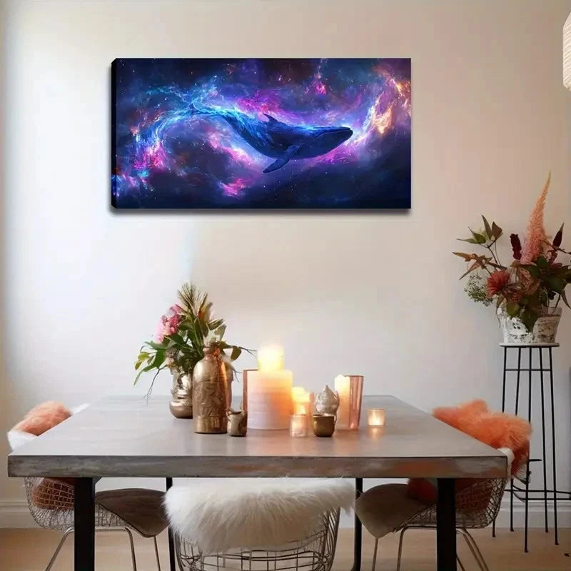Whale in Cosmic Nebula Abstract Wall Art Canvas Office Home Room Framed 120x60cm
